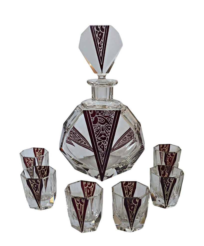 Likérový set Art Deco z čirého a rubínového skla
