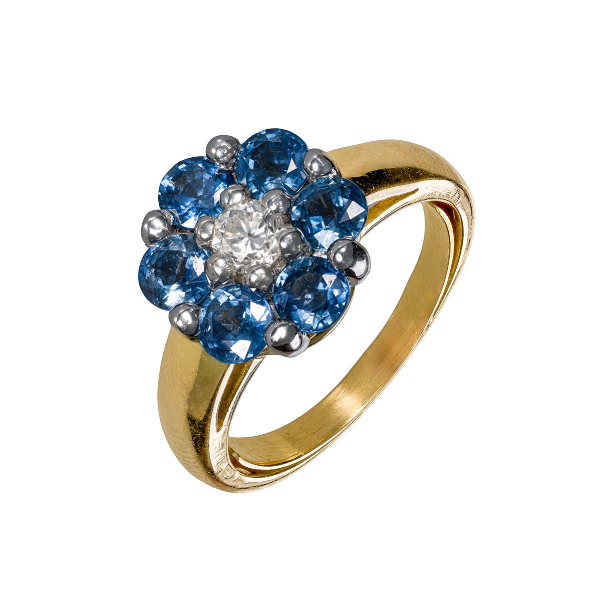 Zlatý prsten s přírodním diamantem a přírodními safíry