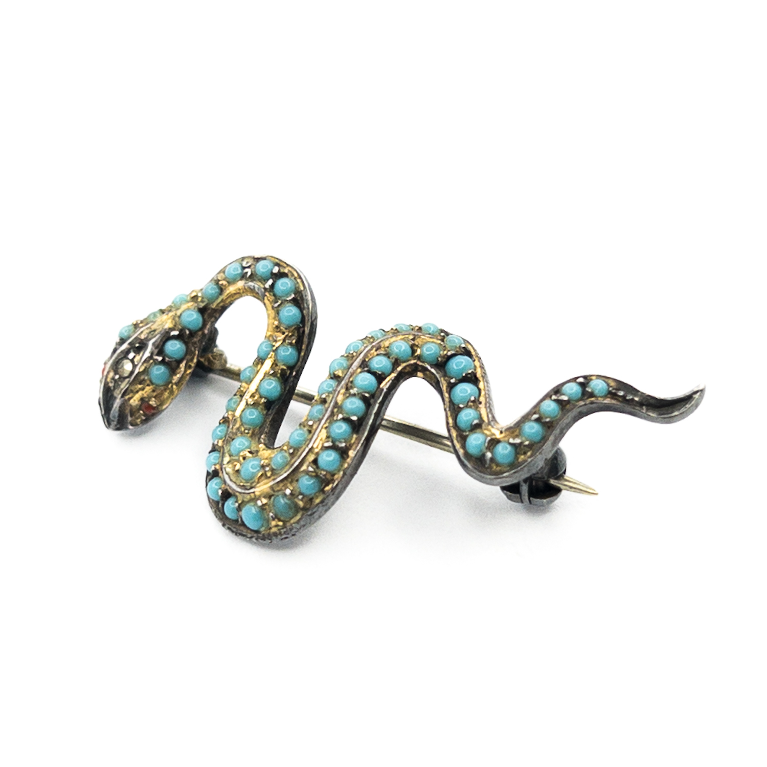 Stříbrná brož s tyrkysy, had