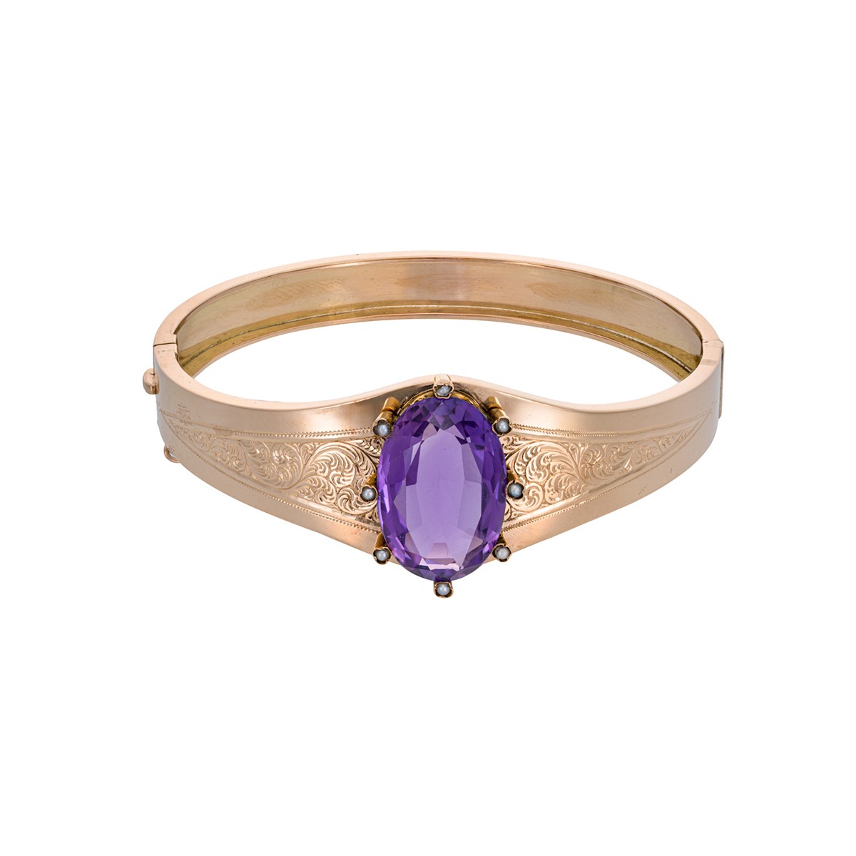 Zlatý starožitný náramek s přírodním ametystem (11,5 ct) a perličkami