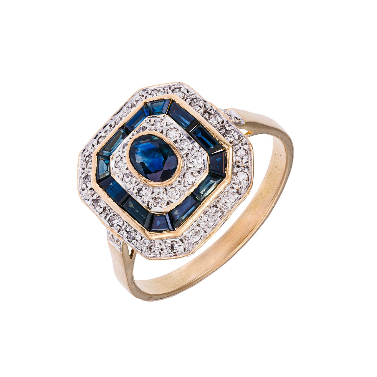 Zlatý prsten s přírodními safíry a přírodními diamanty