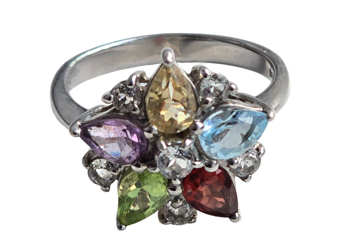 Stříbrný prsten – duhová květina z drahokamů