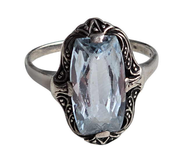 Stříbrný Art Deco prsten s modrým spinelem