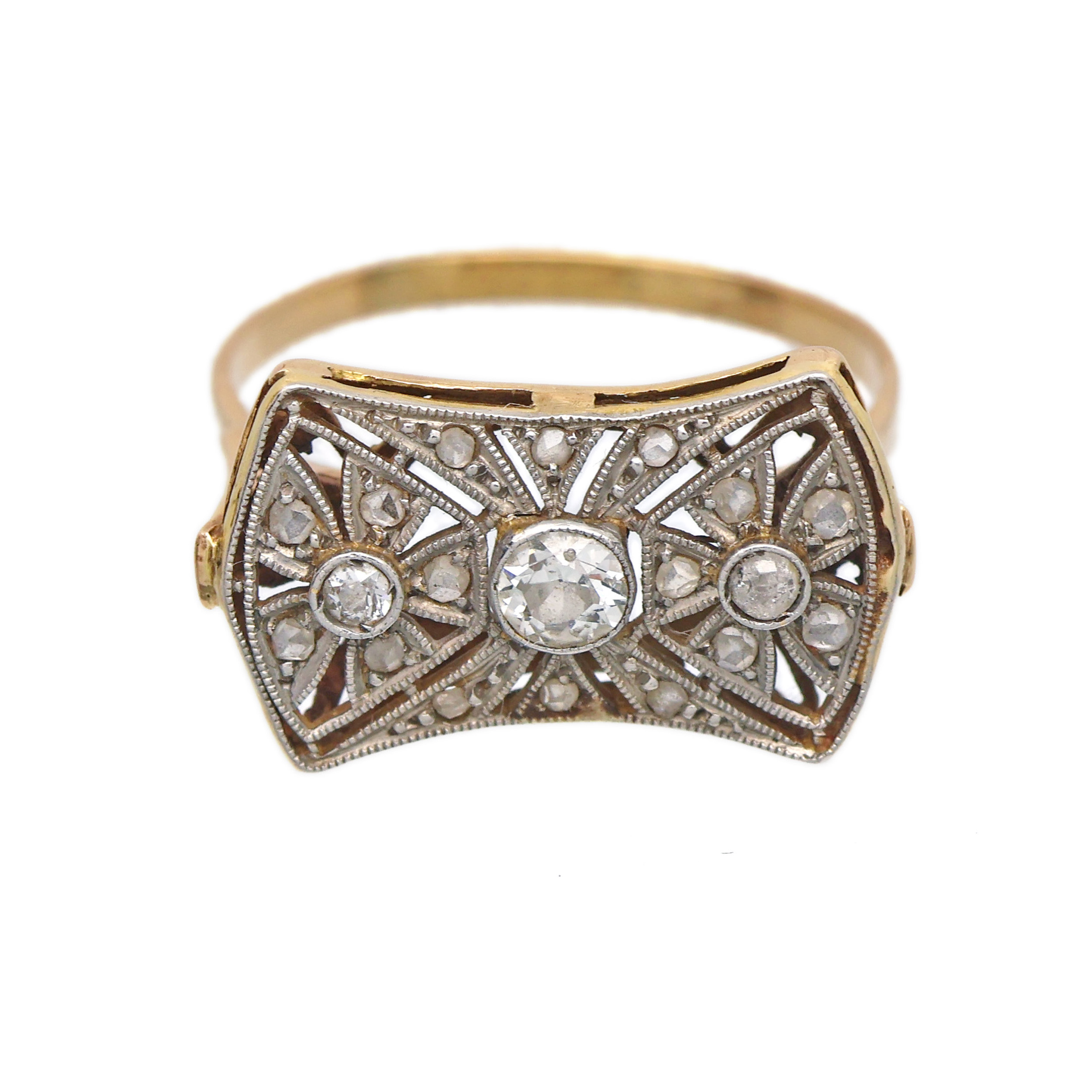 Art deco zlatý platinový prsten s diamanty