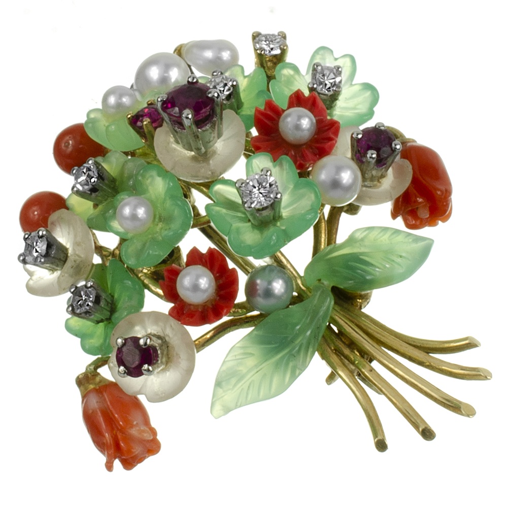 Zlatá brož ve tvaru květinového pugetu