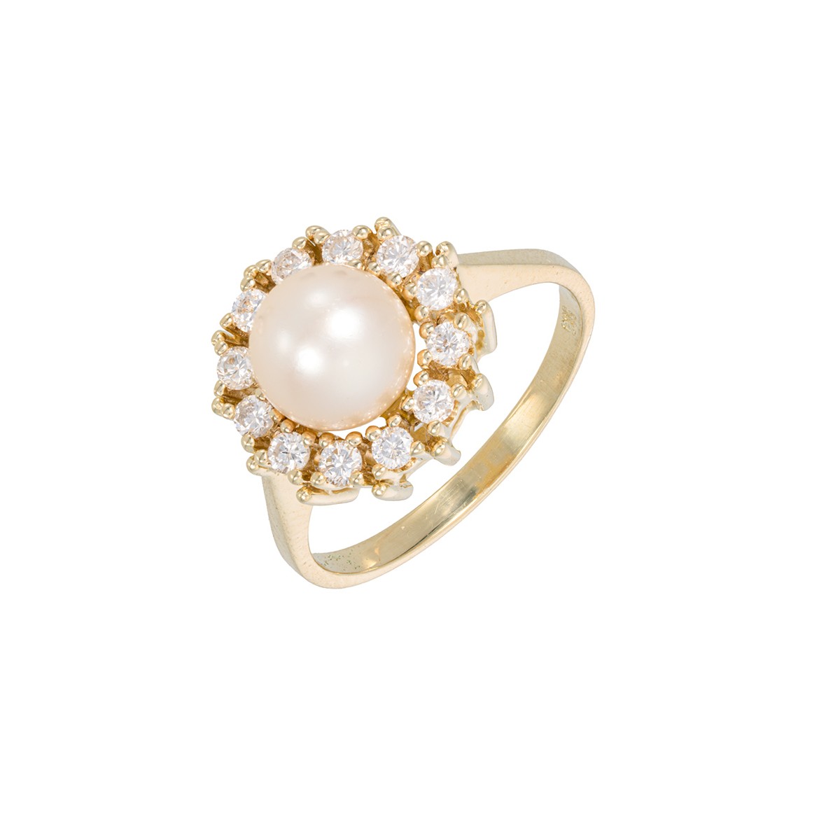 Zlatý prsten s přírodními diamanty (0,44 ct) a perlou – certifikováno