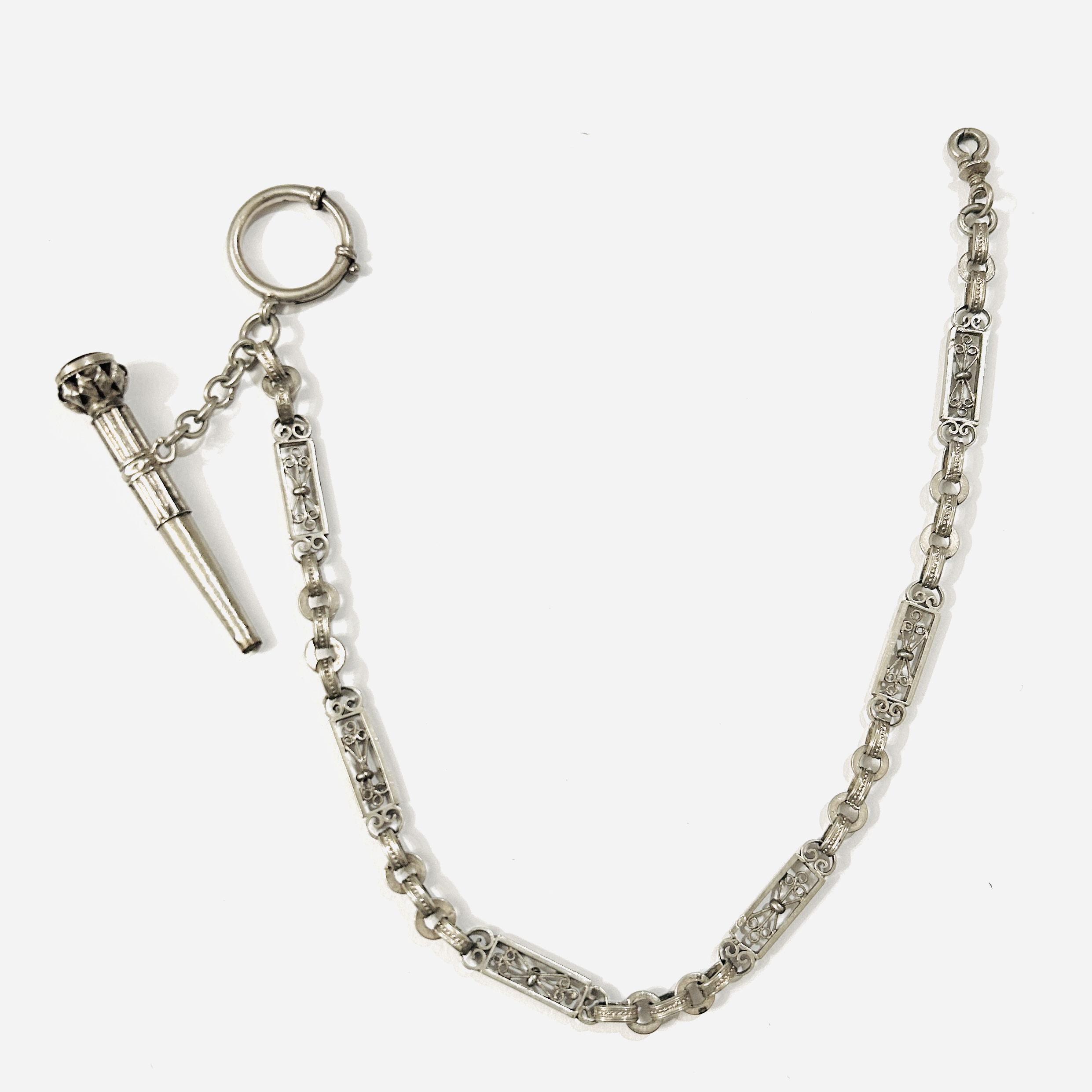 Stříbrný starožitný řetízek ke kapesním hodinkám/klíčovkám s klíčem s rudým kamenem