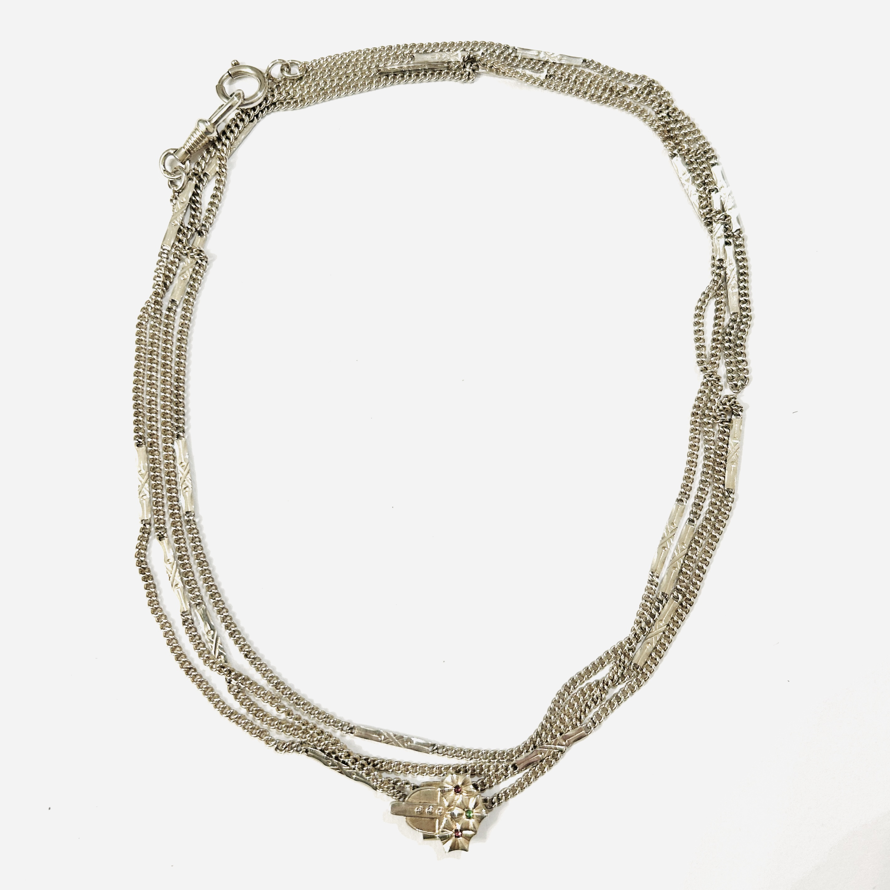 Stříbrný secesní dlouhý řetízek s jezdcem s barevnými kameny, 166 cm