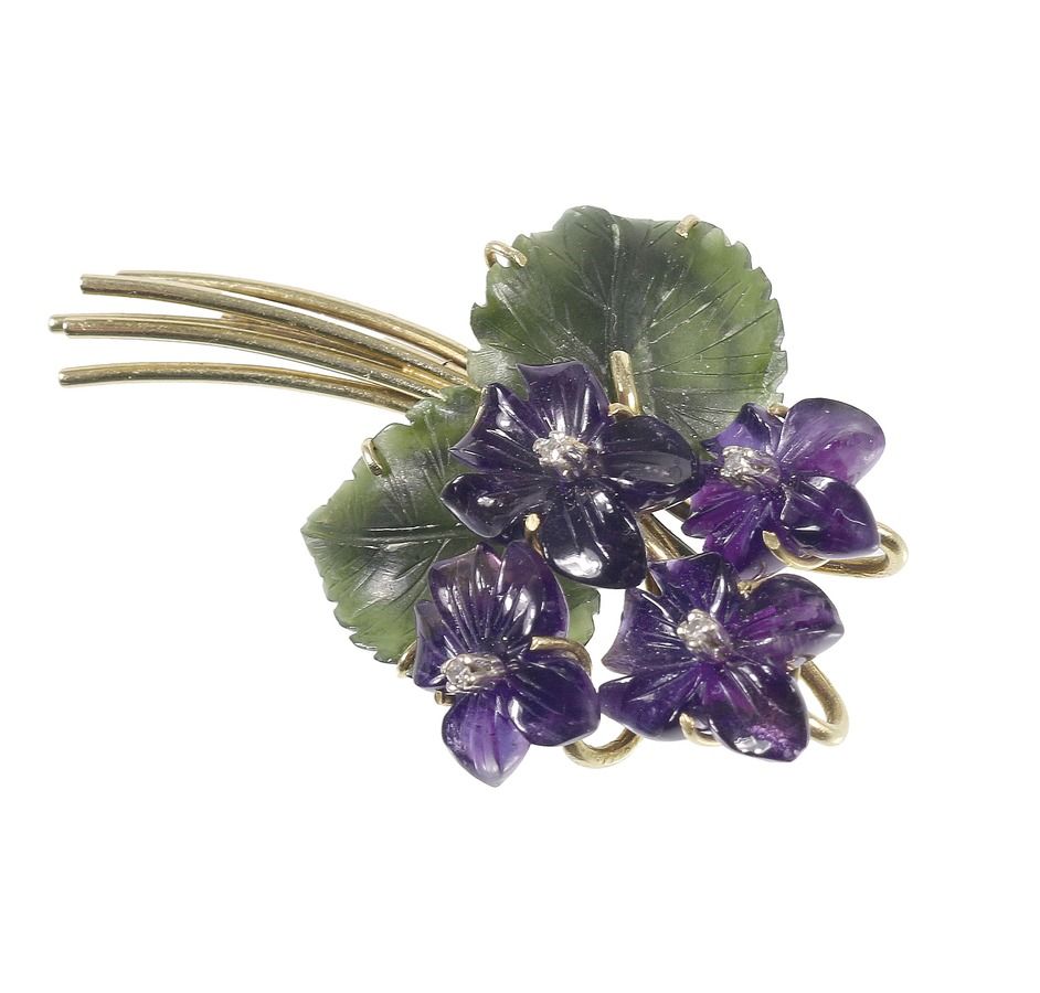 Zlatá brož s ametysty, nefrity a brilianty, kytička fialek