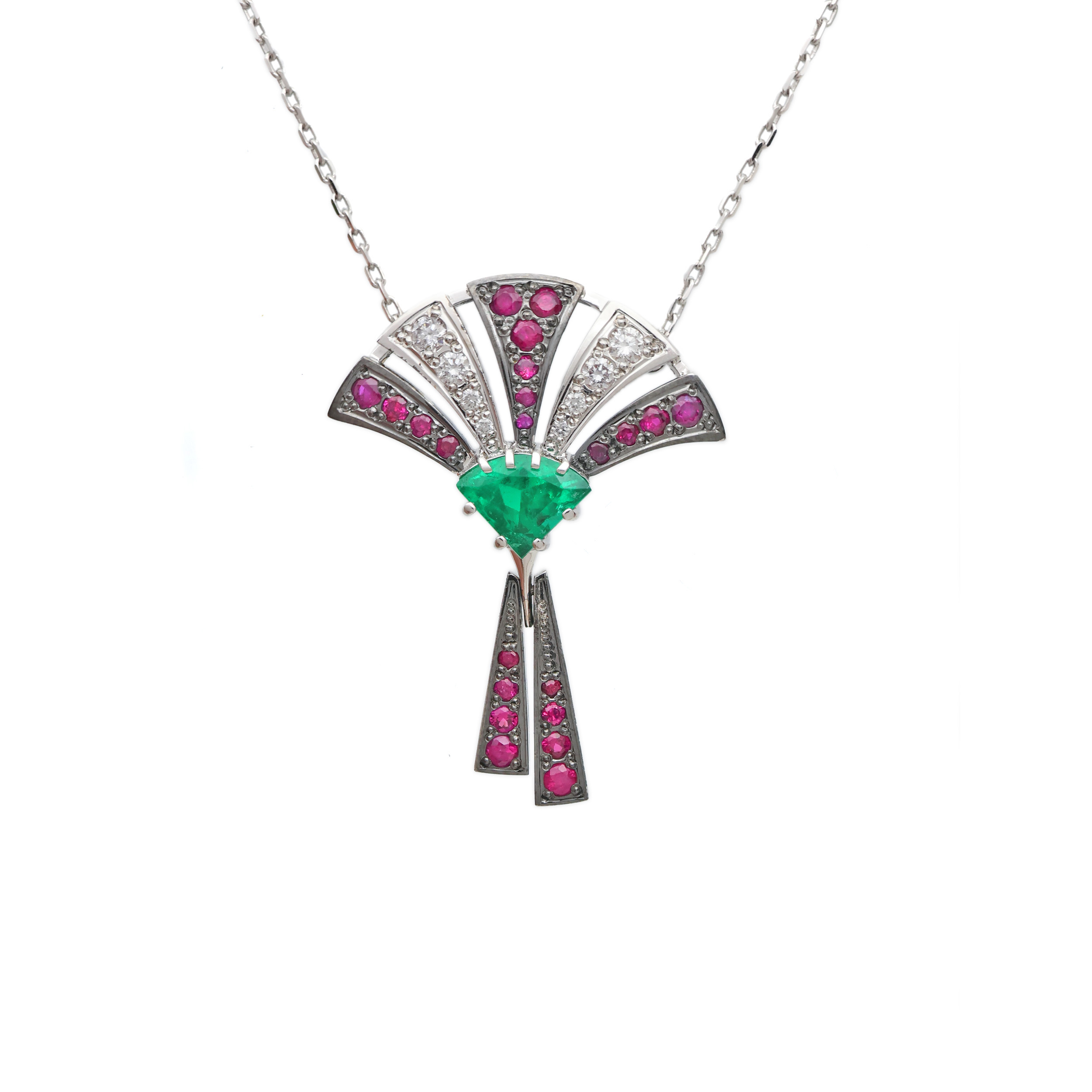 Zlatý náhrdelník s přírodními smaragdy, rubíny, brilianty – design + certifikát