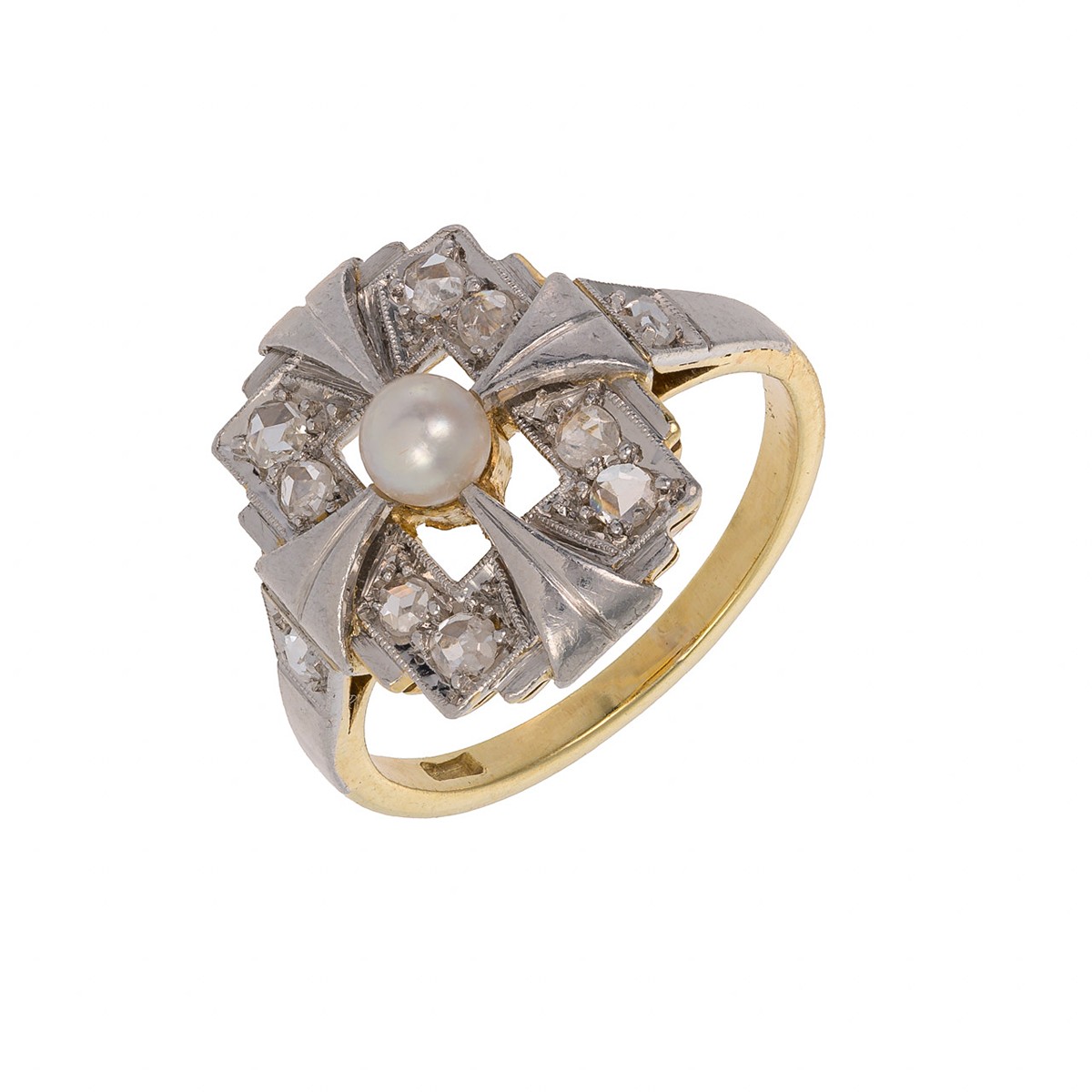 Zlatý prsten Art Deco s přírodními routy a kultivovanou perlou