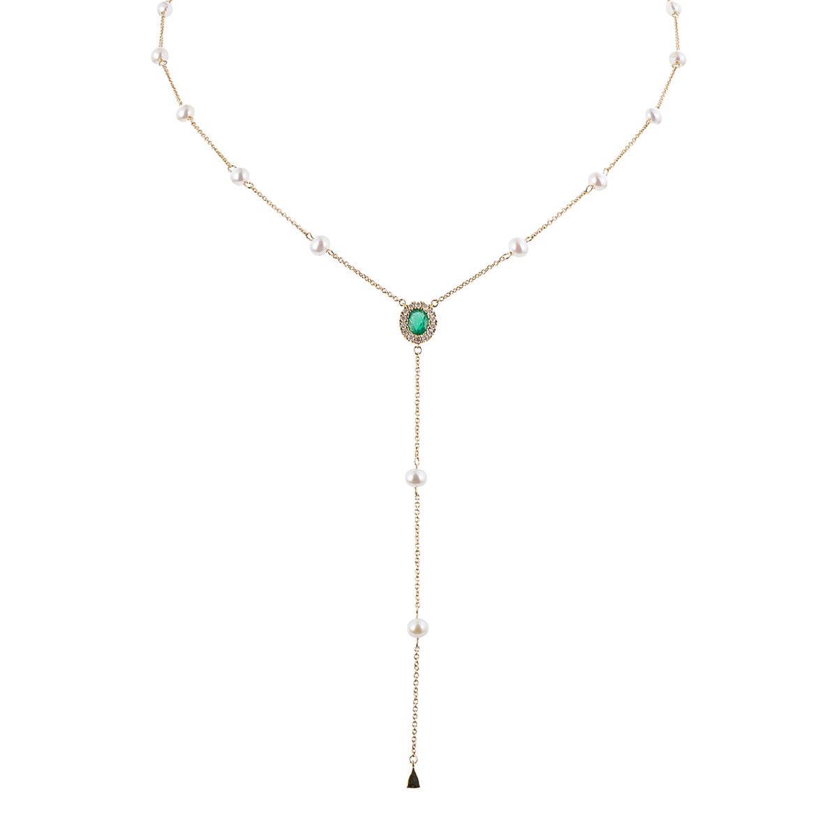 Zlatý náhrdelník s přírodními diamanty, přírodním smaragdem a perlami