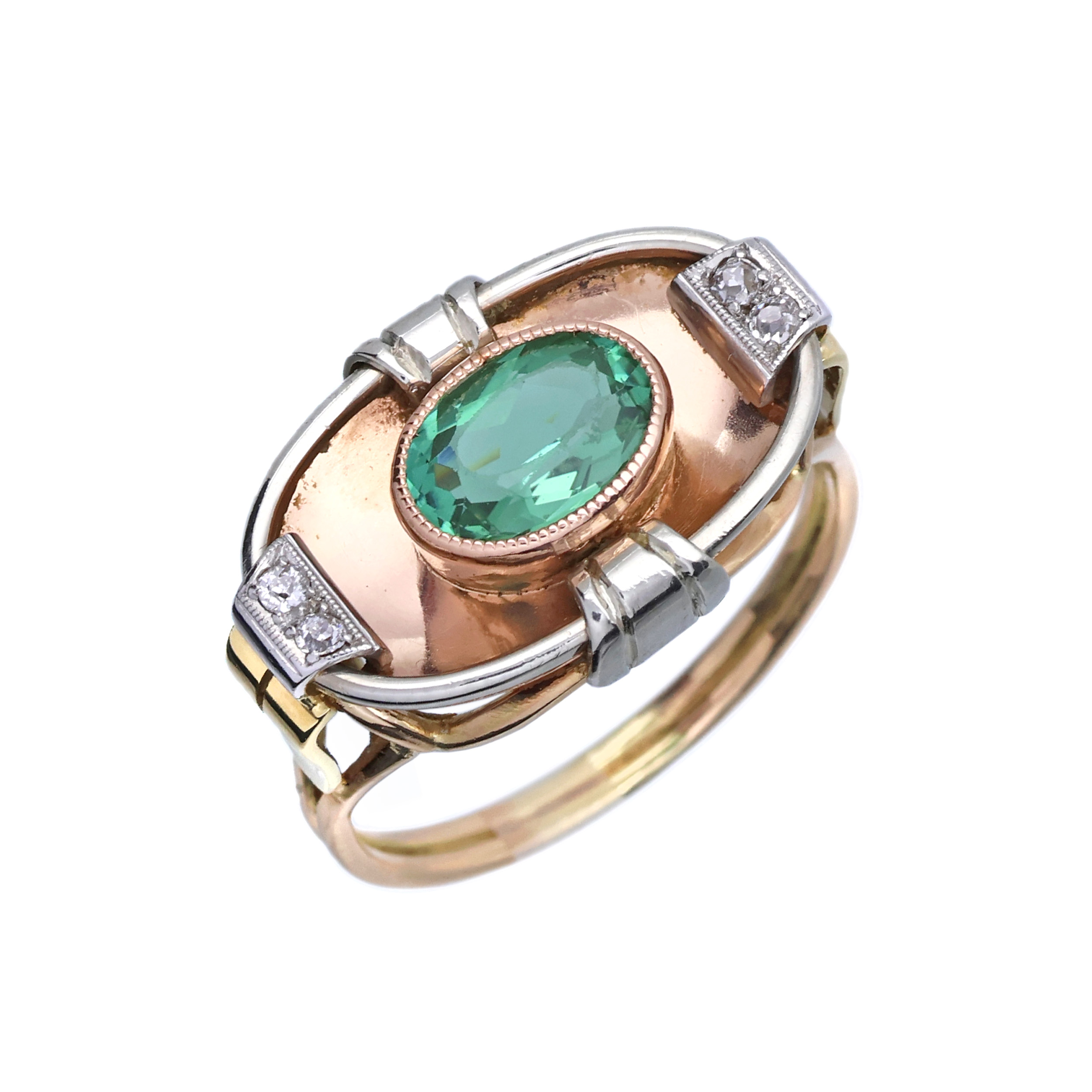 Art deco zlatý prsten s přírodním turmalínem a diamanty + CERTIFIKÁT PRAVOSTI