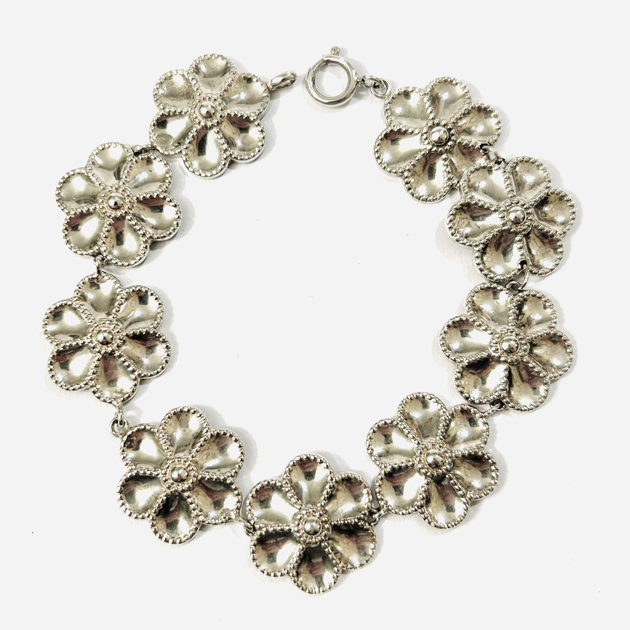 Stříbrný článkový náramek „květy“