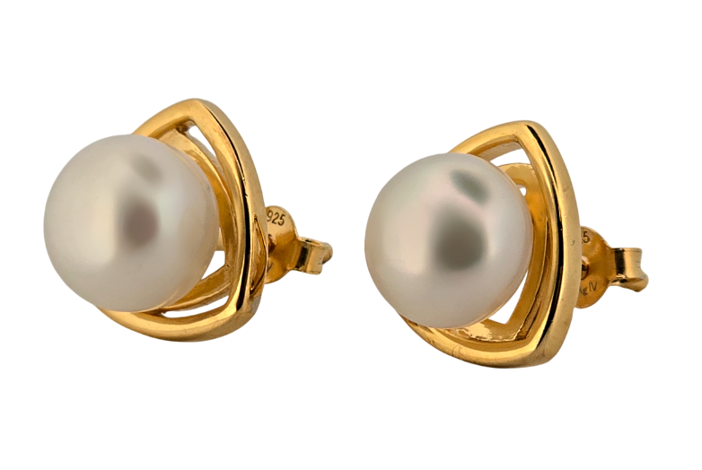 Stříbrné náušnice triangl s perlou – pozlacené