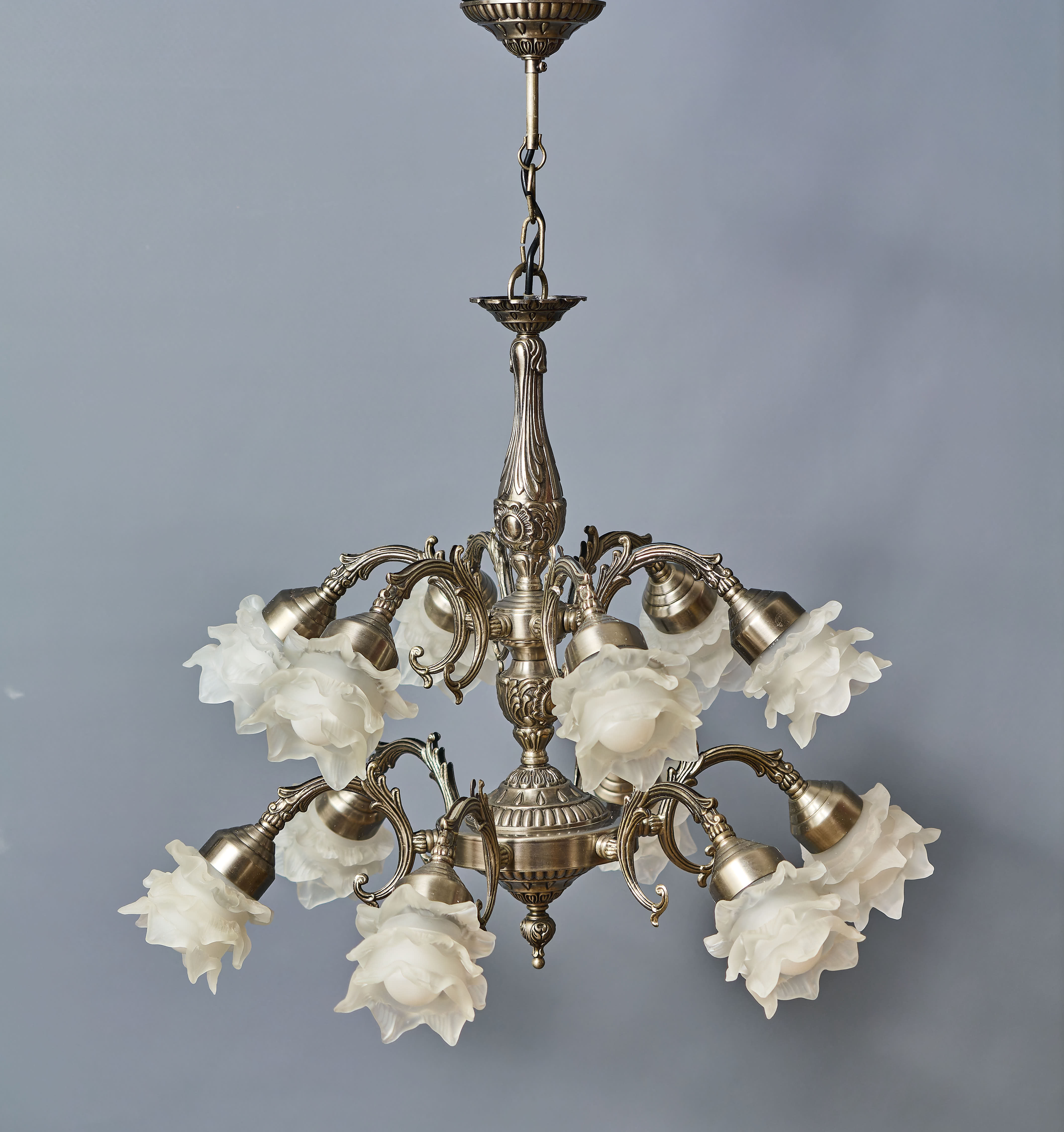 Lustr z bílé mosazi s 12 rameny a skleněnými stínidly ve tvaru růží