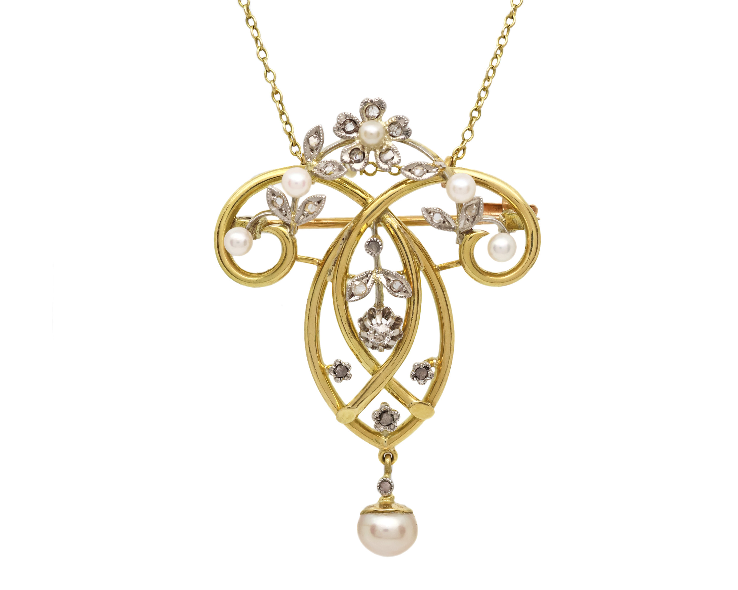 Zlatý přívěs/brož s perličkami a diamanty