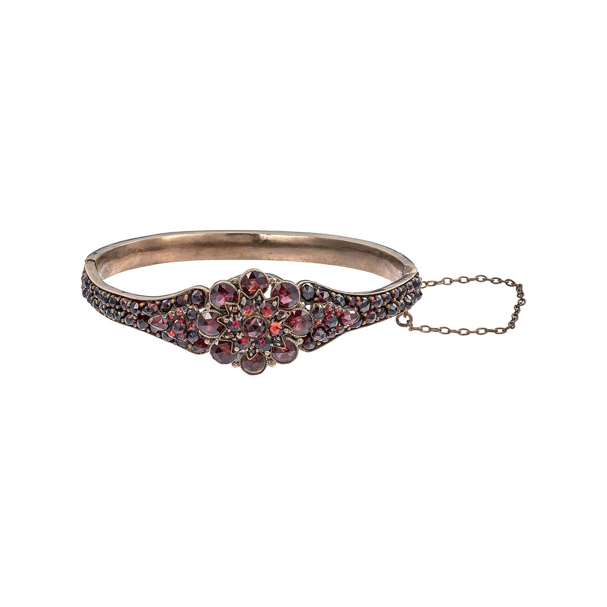 Zlacený tombakový náramek zdobený českými granáty a almandiny, cca 1880