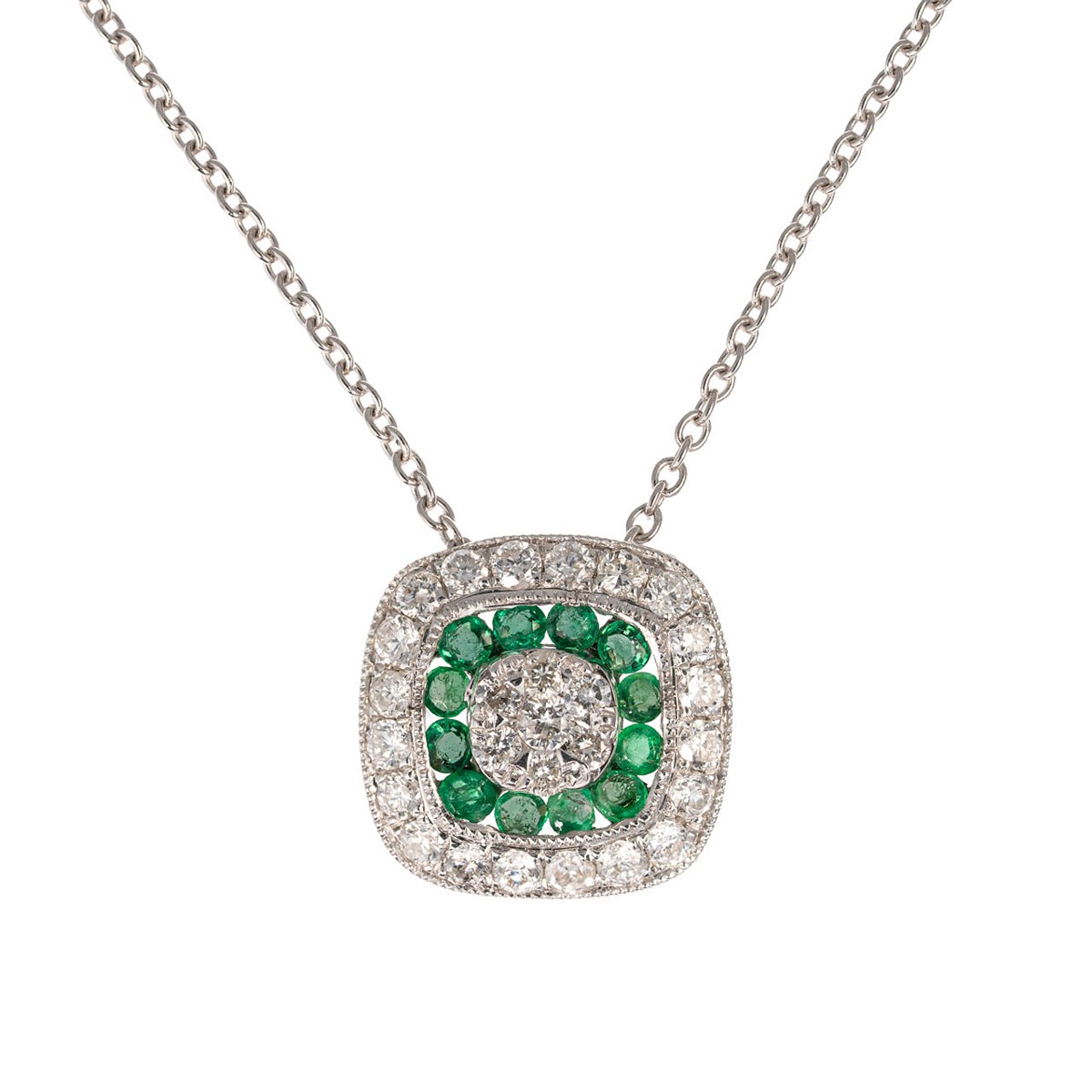 Náhrdelník z bílého zlata s diamanty 0,25 ct a smaragdy 0,10 ct