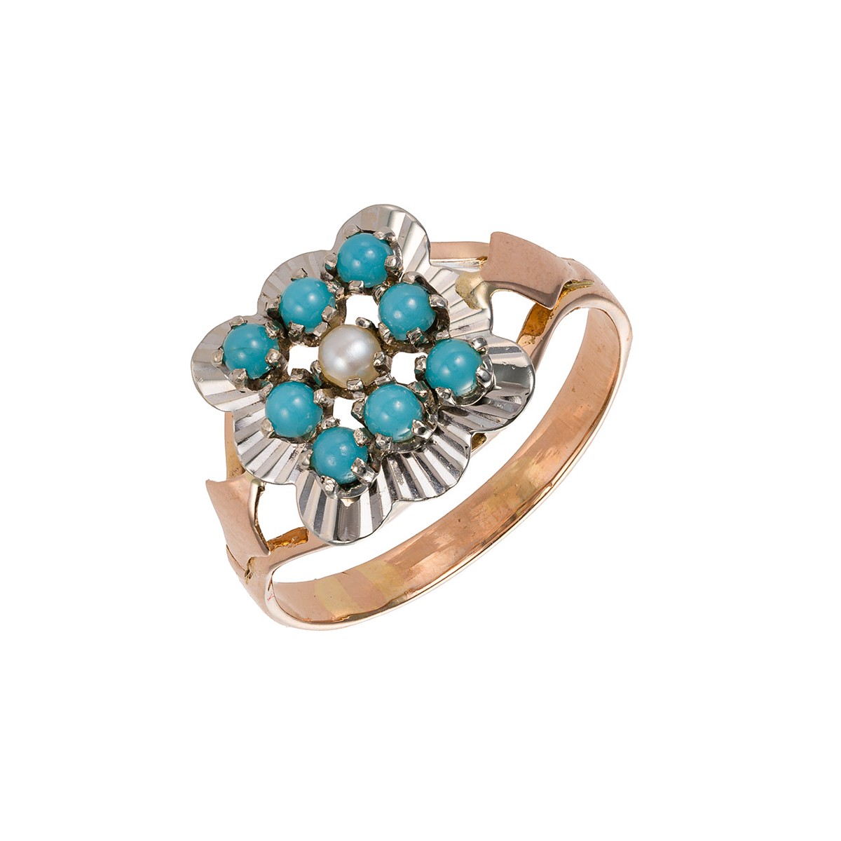 Prsten ze žlutého zlata s přírodními tyrkysy a přírodní perlou