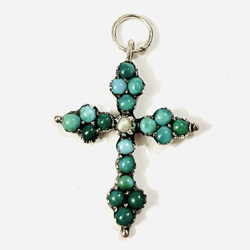 Starožitný přívěšek „kříž“ s tyrkysy a perlou