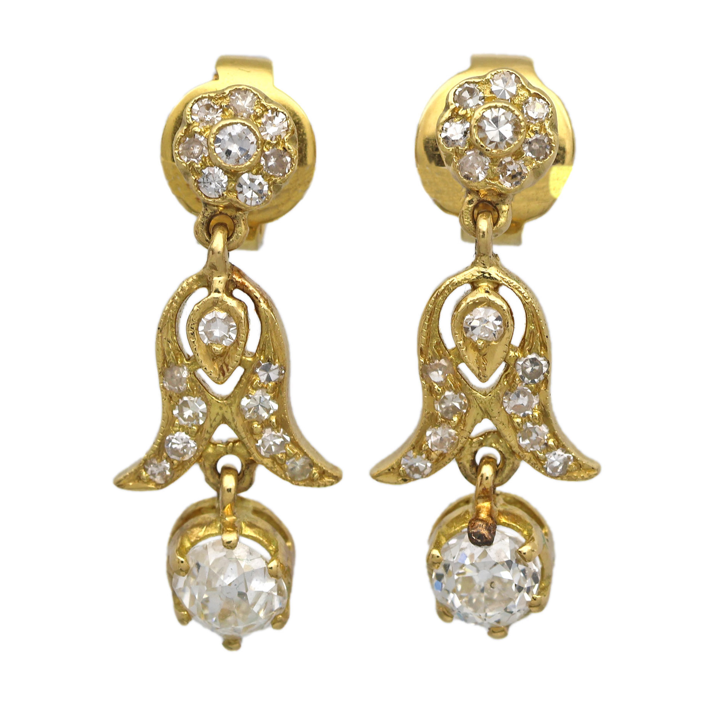 Secesní starožitné zlaté náušnice s přírodními diamanty 1,36 ct + certifikát