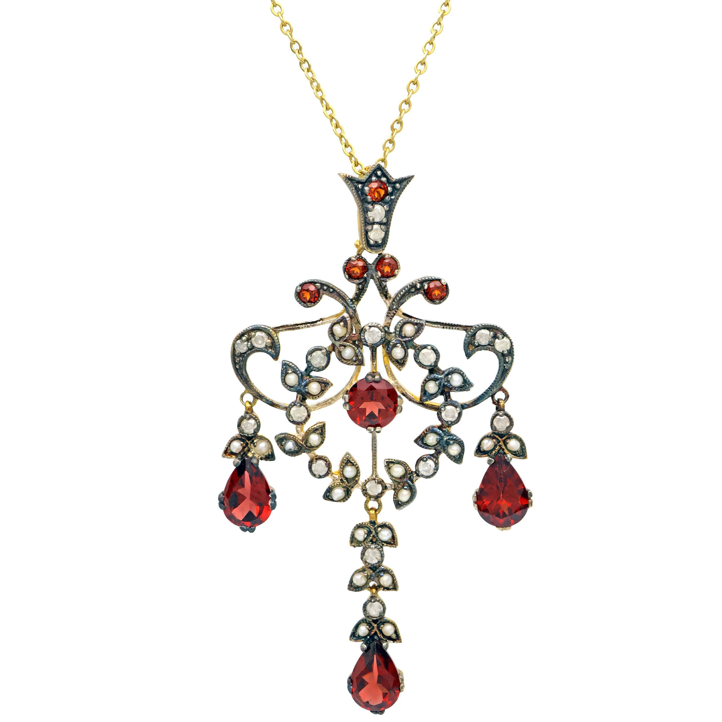 Pozlacený stříbrný přívěsek s brilianty, granáty a perličkami