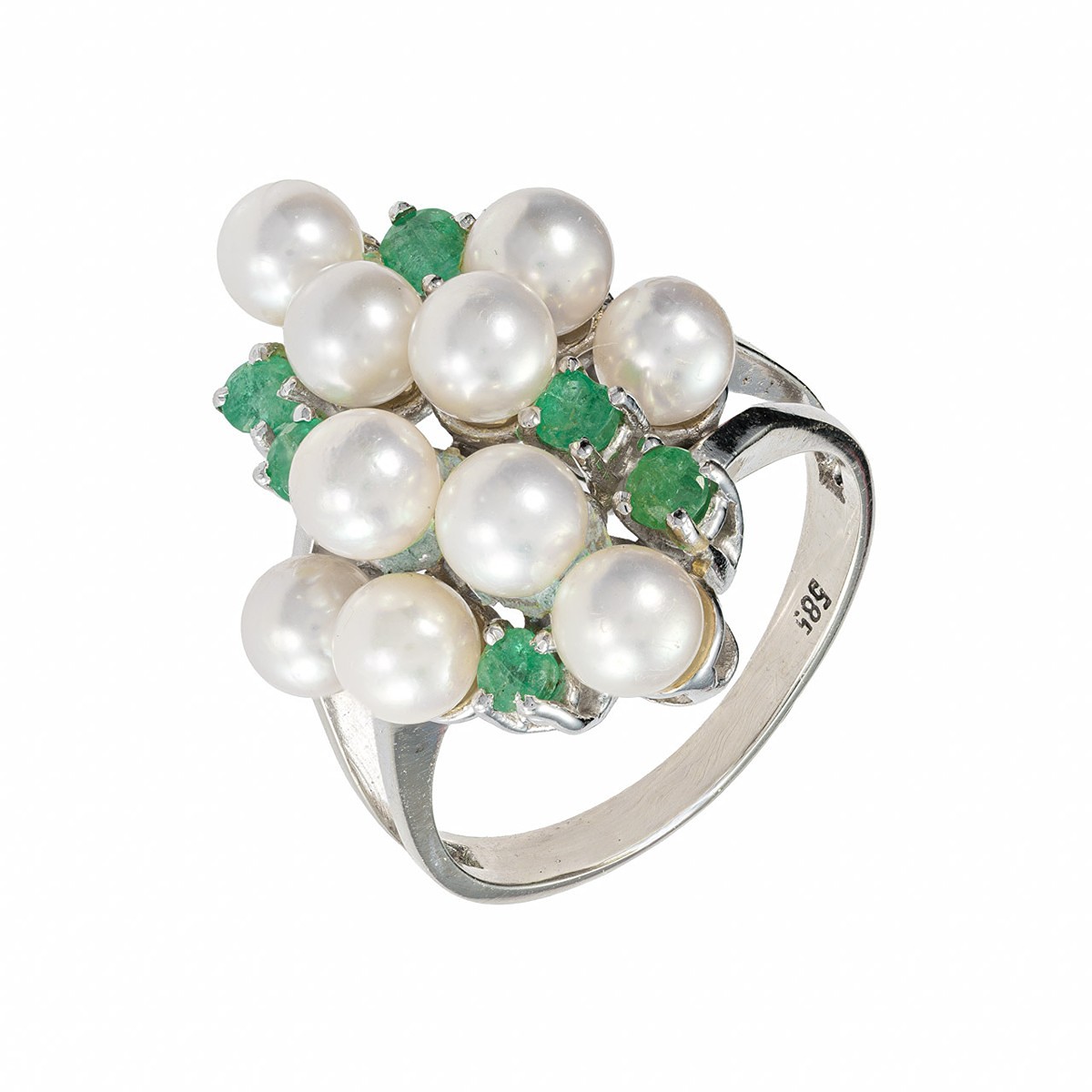 Prsten z bílého zlata s perlami Akoya a přírodními smaragdy