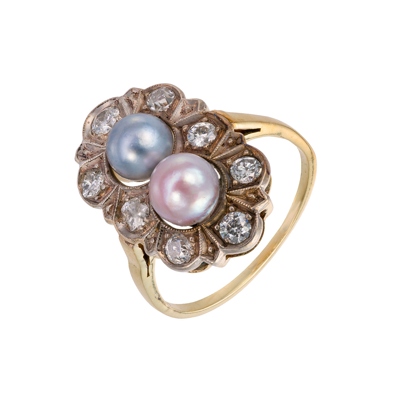 Zlatý prsten s přírodními perlami a přírodními diamanty