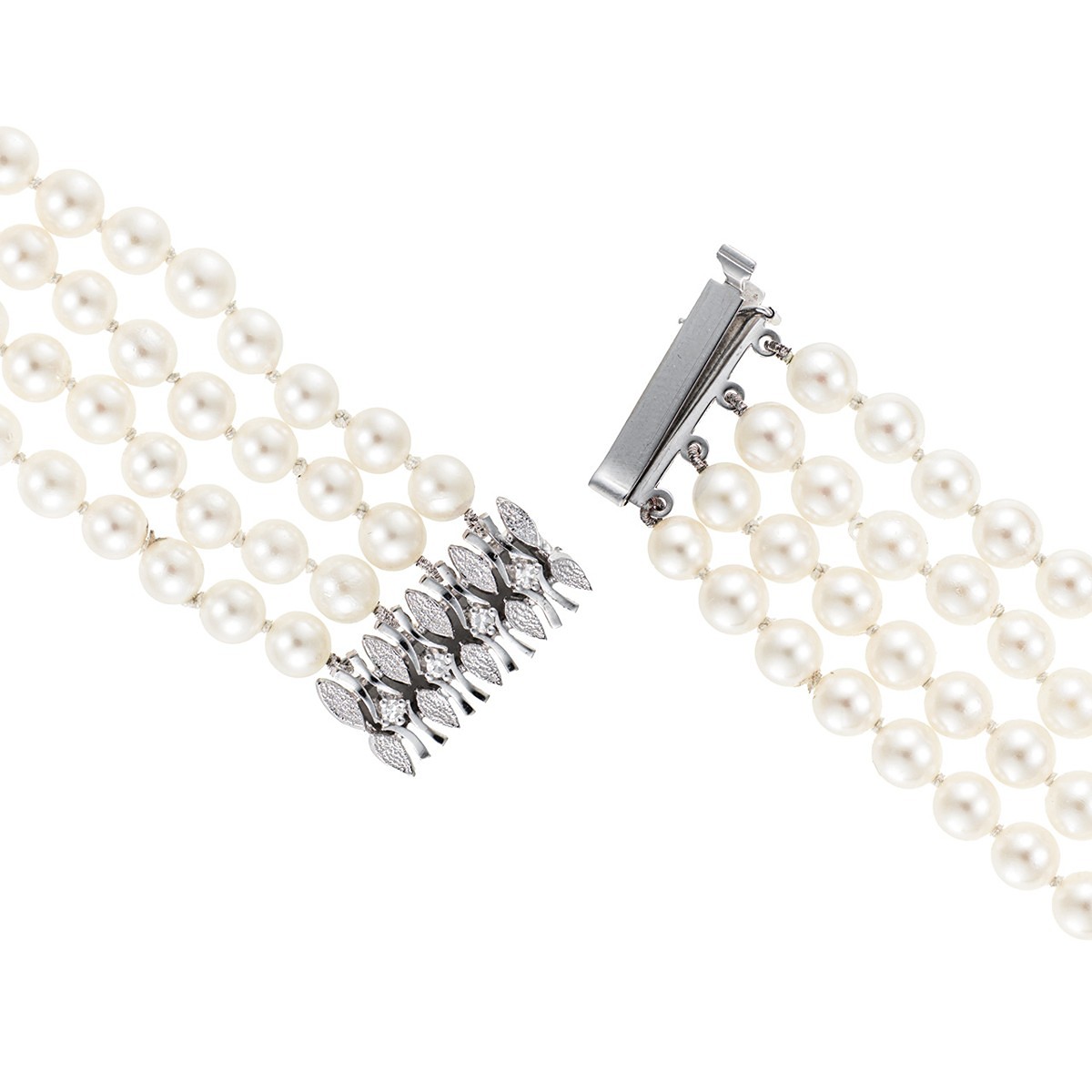 Třířadý náramek z mořských perel Akoya s vzácně bílými diamanty 0,11 ct – certifikováno