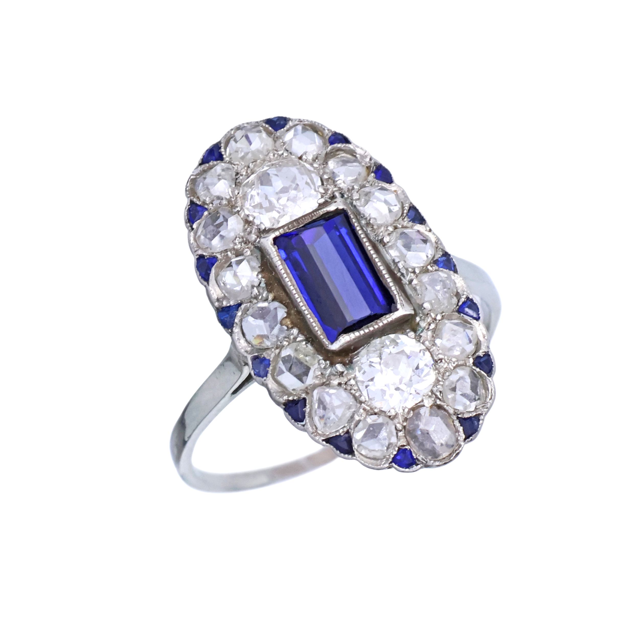 Art deco zlatý prsten s přírodními diamanty 1,20 ct a safíry