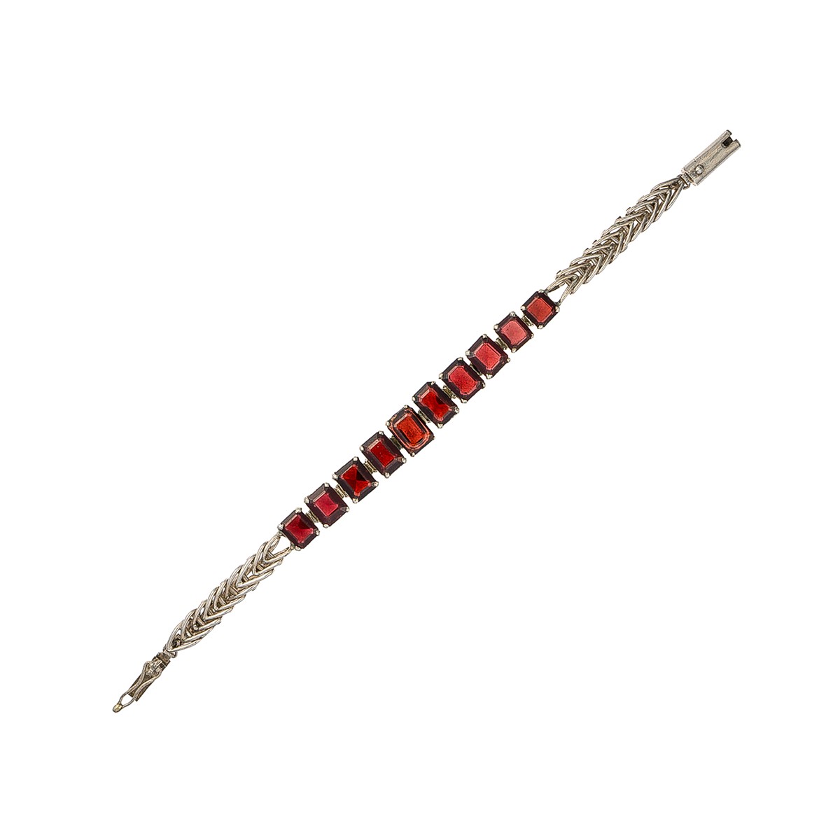 Stříbrný náramek s červenými kameny v řadě, elegantní design