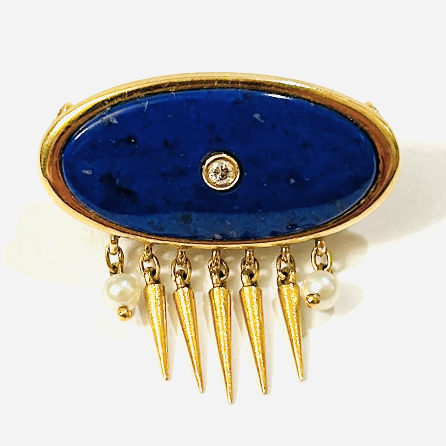 Zlatý designový přívěšek s diamantem, lapis lazuli a perlami
