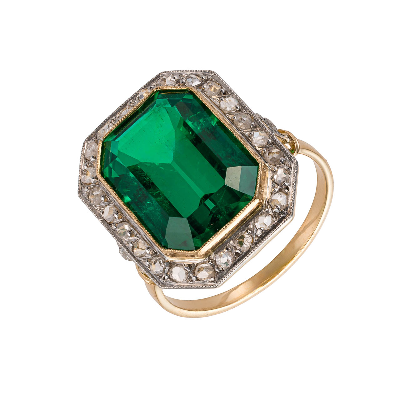 Art Deco prsten ze žlutého zlata s berylovým dubletem 7,35 ct a diamanty 0,26 ct – certifikováno