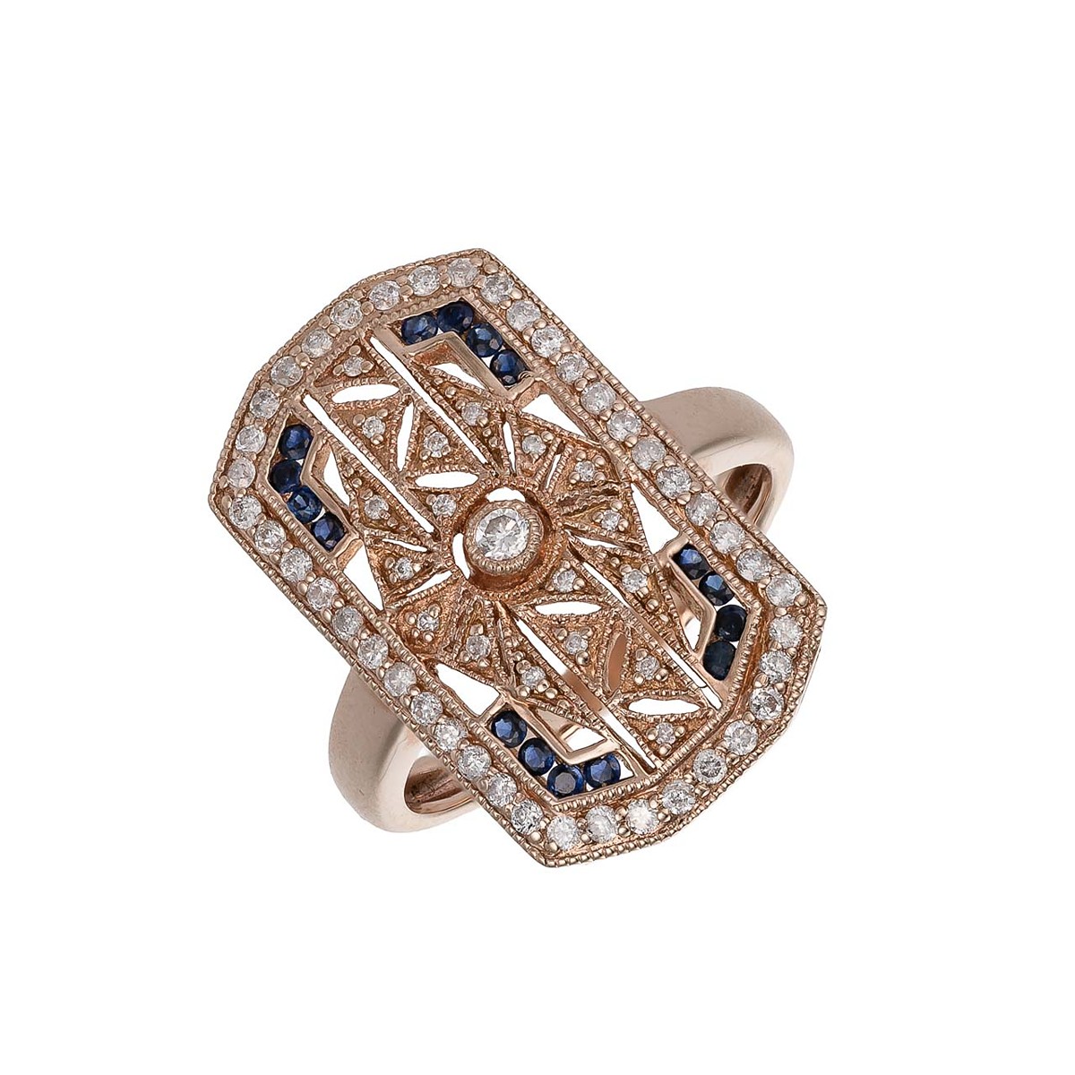 Zlatý prsten ve stylu Art Deco s přírodními safíry 0,15 ct a přírodními diamanty 0,38 ct