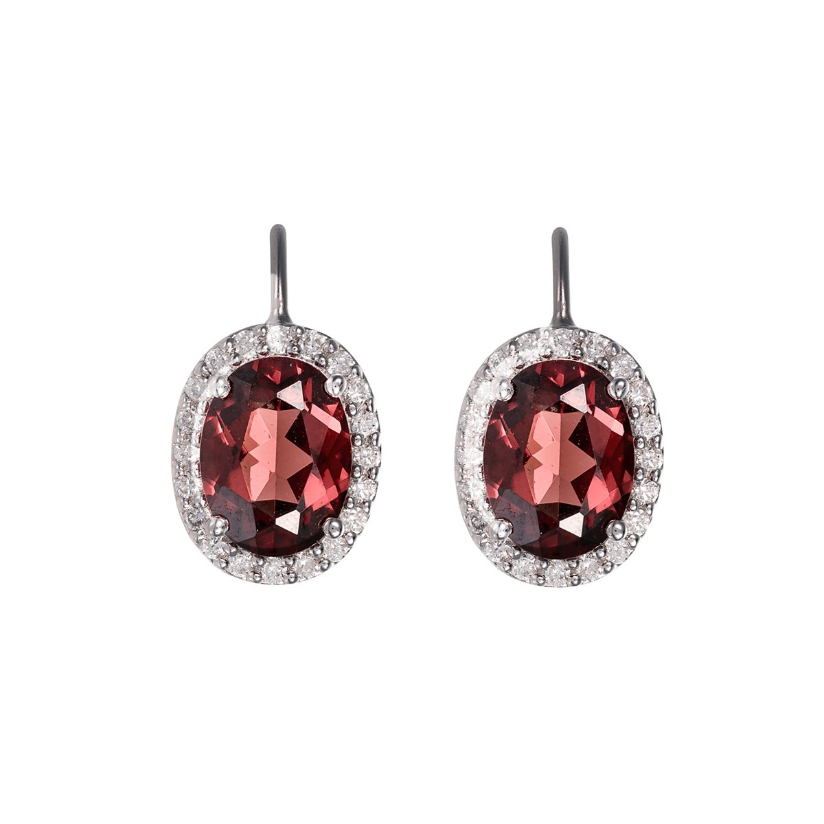 Granátové náušnice z bílého zlata a diamanty 0,24 ct