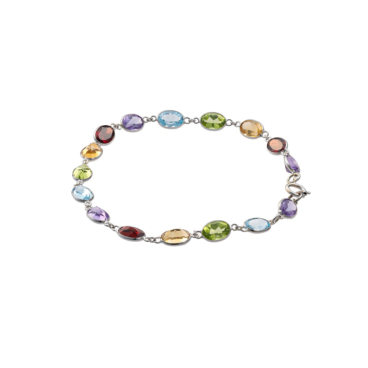 Náramek z bílého zlata s přírodními drahokamy – ametyst, citrín, topaz, peridot, granát